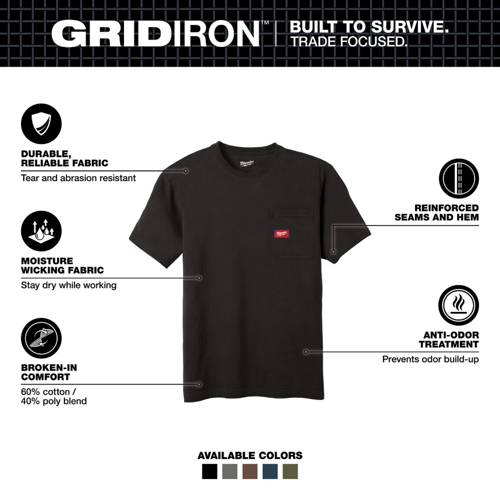 Milwaukee Gridiron Pocket T-Shirt Short Sleeve Black Large 605BL